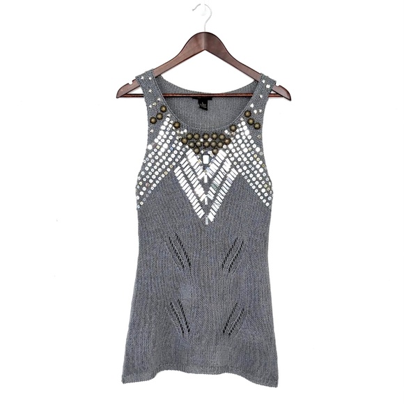 BCBG Max Azria Embellished Knit Tunic Tank Top Gray Metallic Beaded Sequins Size - Picture 1 of 5